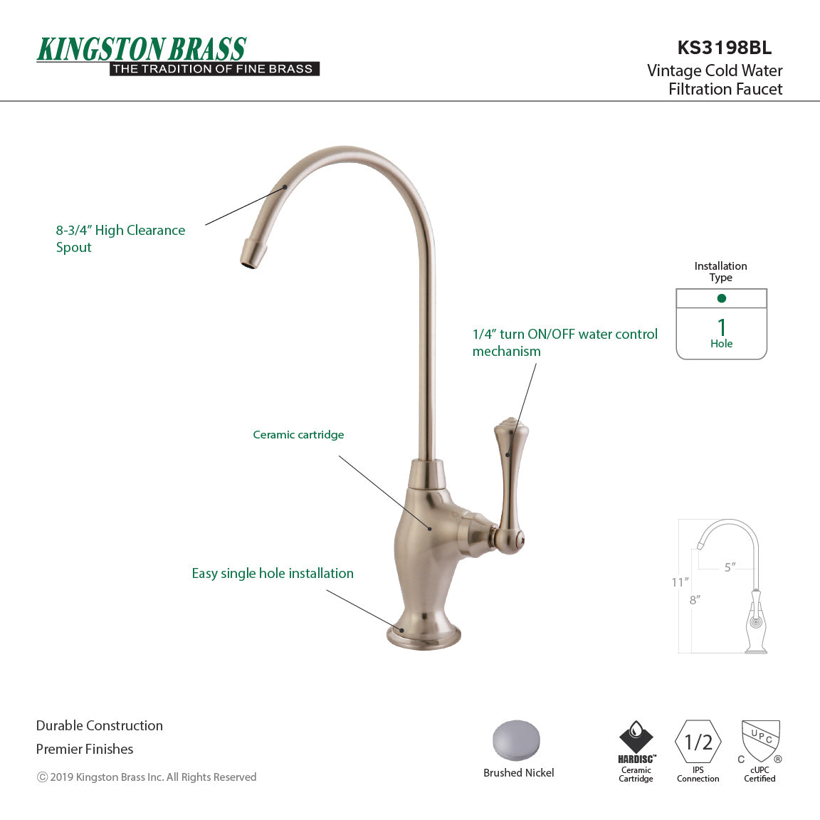 Kingston Tulare KS3198BL - Vintage Single-Handle 1-Hole Deck Mount Water Filtration Faucet, Brushed Nickel — thumbnail 3